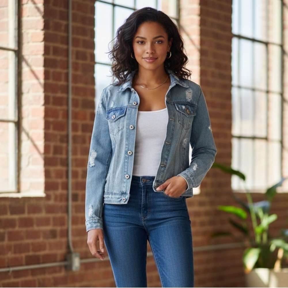 Women's Denim Distressed Jean Jacket Size Medium